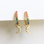 Stella | Rainbow CZ Crescent Moon Dangle Huggie Earrings
