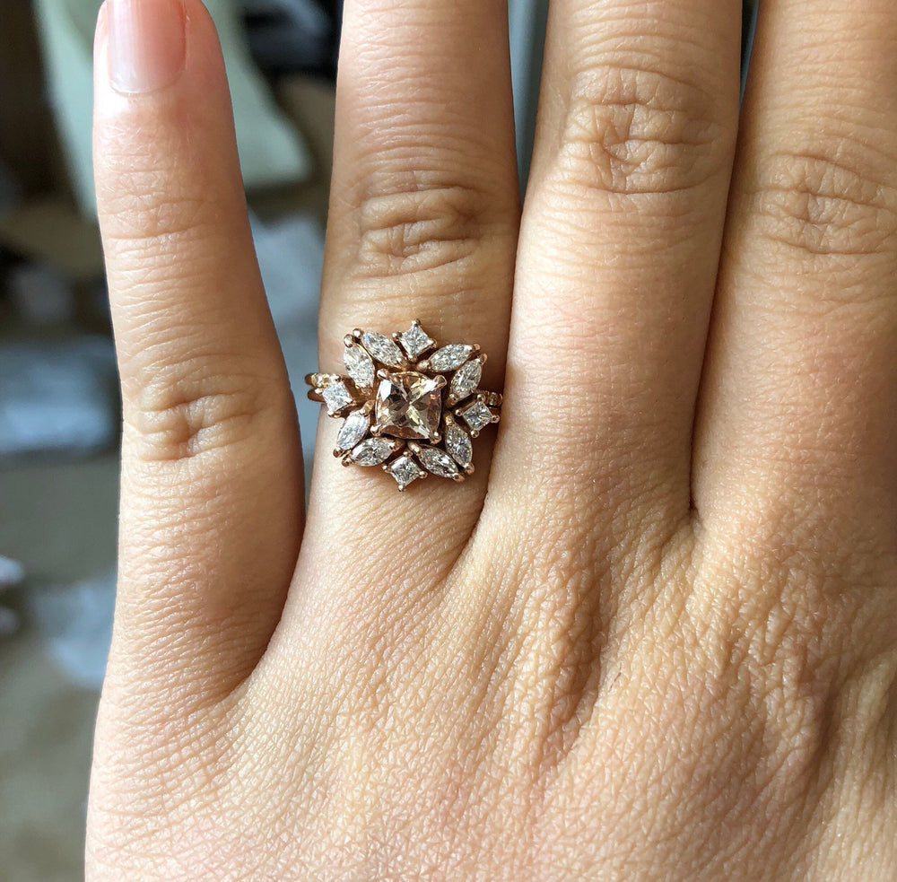 Jasmine No.1 | 14K Morganite & Diamond Fancy Halo Ring - Emi Conner Jewelry 