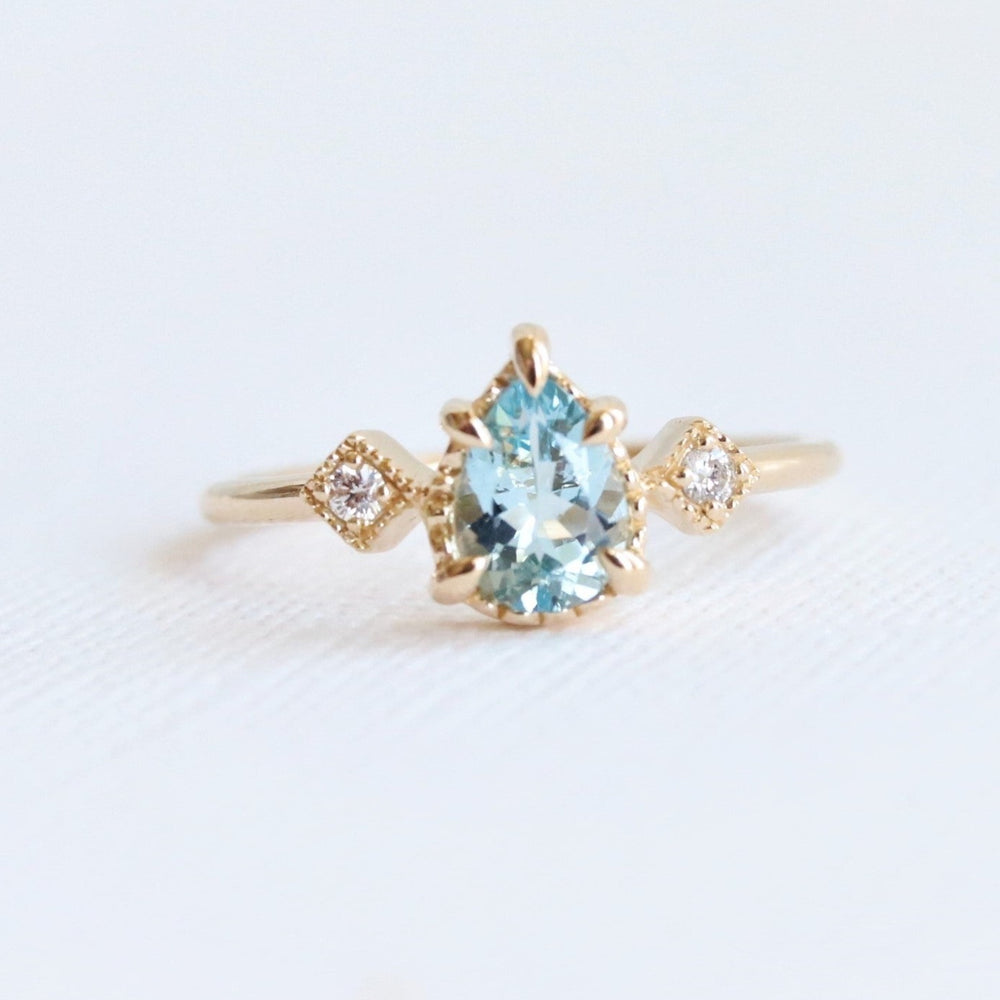 Cara | Pear Aquamarine & Diamond Triple Station Ring