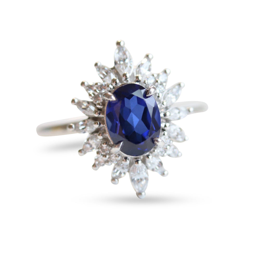 Lana | 14K Oval Lab Created Blue Sapphire and Diamond Fancy Halo Ring - Emi Conner Jewelry 