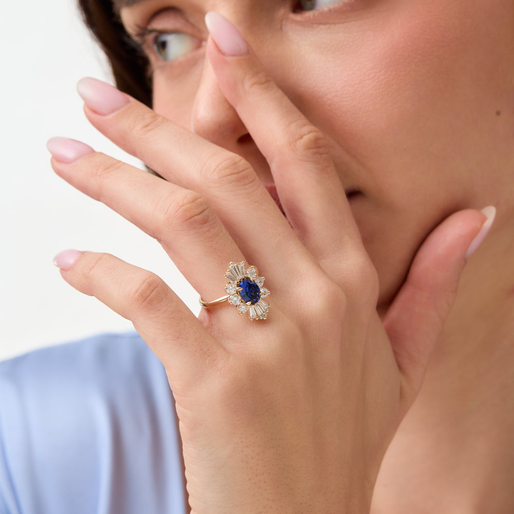 Decora | Oval Lab Created Blue Sapphire Halo Ring