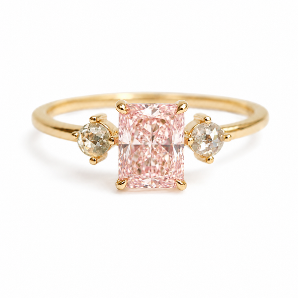 Eva | Radiant Pink Diamond and Gray Diamond Three-Stone Ring