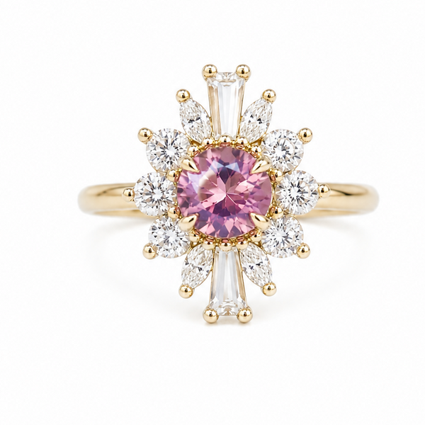 CORA | Round Pink Opalescent Sapphire & Diamond Halo Ring
