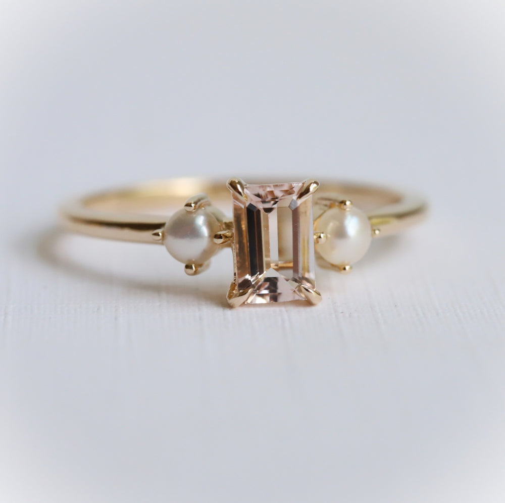 EVA | 0.7 ct. Emerald Cut Peach Morganite and Pearl Side Stone Ring
