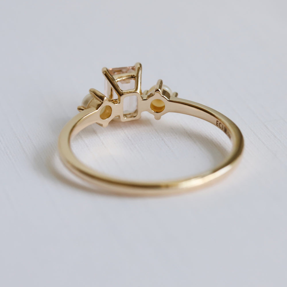 EVA | 0.7 ct. Emerald Cut Peach Morganite and Pearl Side Stone Ring