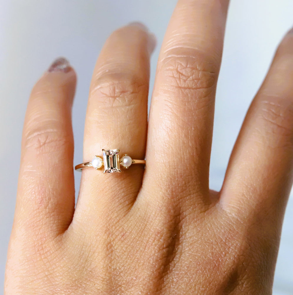 EVA | 0.7 ct. Emerald Cut Peach Morganite and Pearl Side Stone Ring