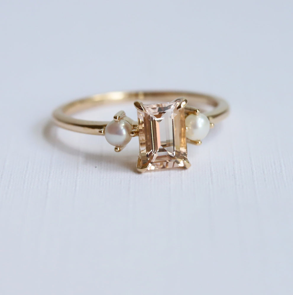 EVA | 1 ct. Emerald Cut Peach Morganite and Pearl Side Stone Ring
