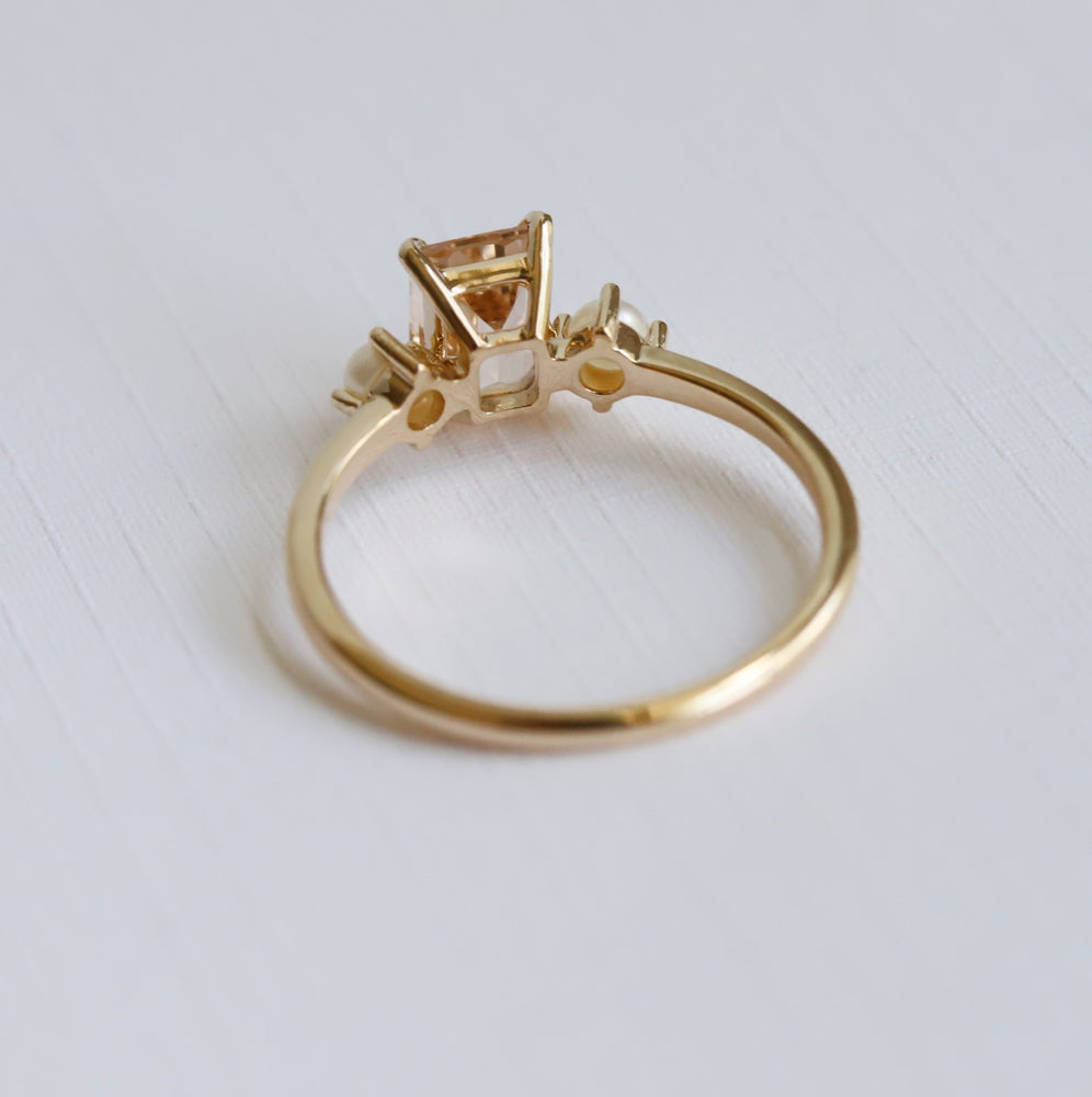 EVA | 1 ct. Emerald Cut Peach Morganite and Pearl Side Stone Ring