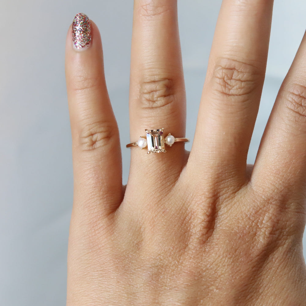 EVA | 1 ct. Emerald Cut Peach Morganite and Pearl Side Stone Ring