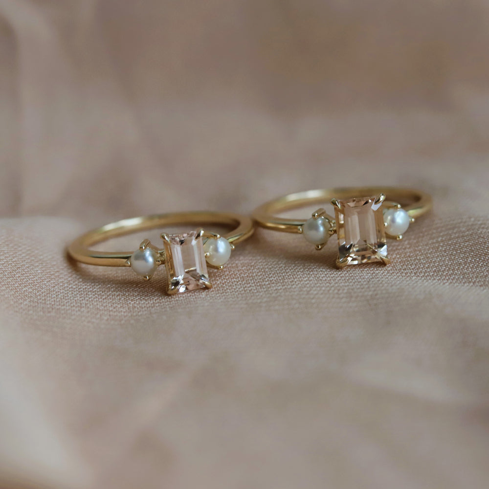 EVA | 0.7 ct. Emerald Cut Peach Morganite and Pearl Side Stone Ring