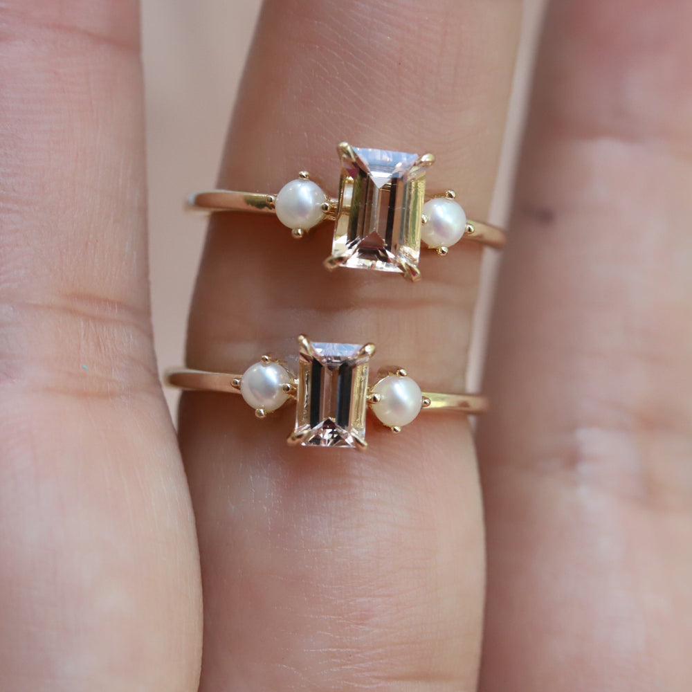 EVA | 0.7 ct. Emerald Cut Peach Morganite and Pearl Side Stone Ring