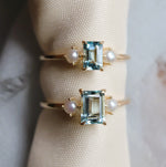 EVA | 0.7 ct. Emerald Cut Aquamarine and Pearl Side Stone Ring