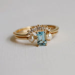 EVA | 0.7 ct. Emerald Cut Aquamarine and Pearl Side Stone Ring