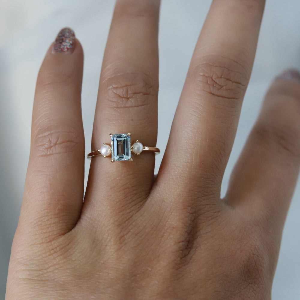 EVA | 1 ct. Emerald Cut Aquamarine and Pearl Side Stone Ring