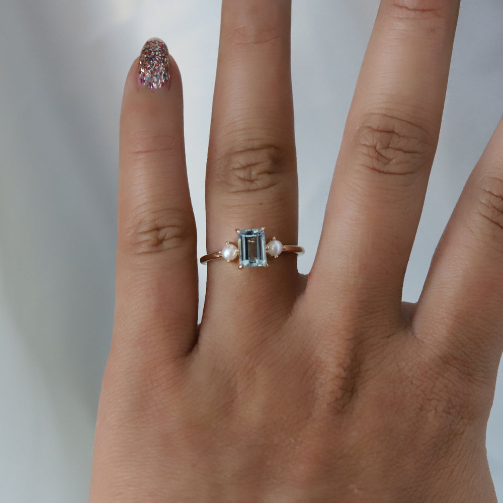 EVA | 1 ct. Emerald Cut Aquamarine and Pearl Side Stone Ring