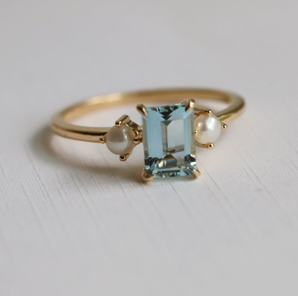 EVA | 1 ct. Emerald Cut Aquamarine and Pearl Side Stone Ring