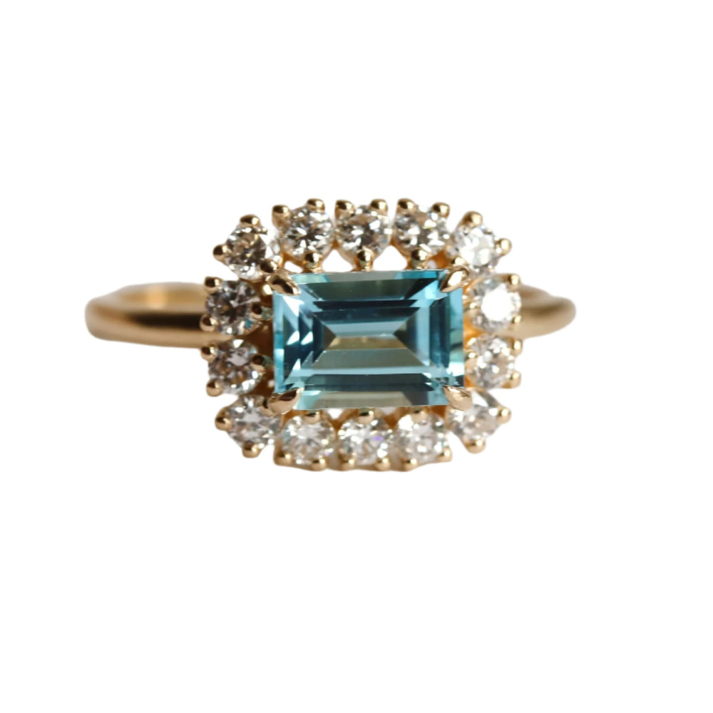 Emma | 1 ct. Emerald Cut Sky Blue Topaz East West Halo Ring