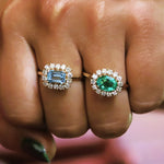 Emma | 1 ct. Emerald Cut Sky Blue Topaz East West Halo Ring