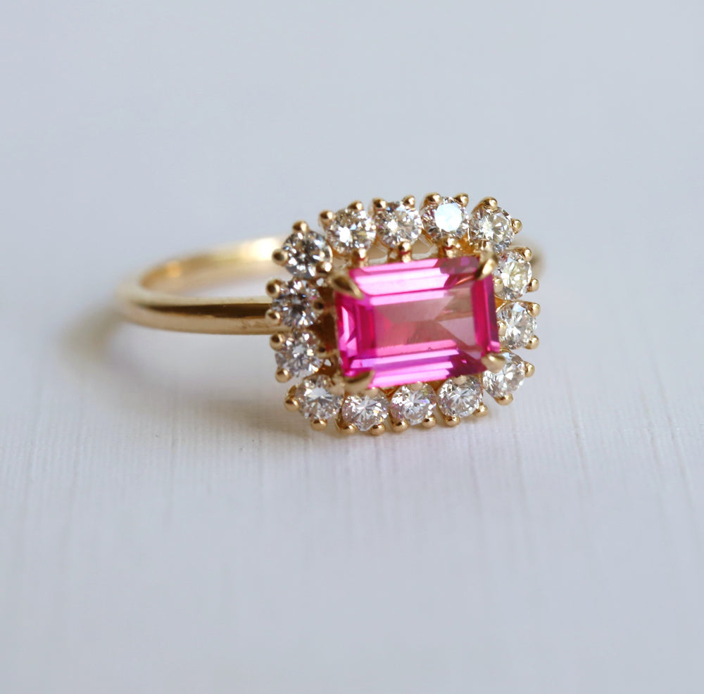 Emma | 1 ct. Emerald Cut Pink Sapphire East West Halo Ring