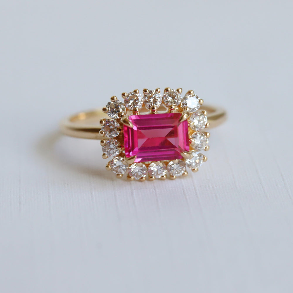 Emma | 1 ct. Emerald Cut Pink Sapphire East West Halo Ring