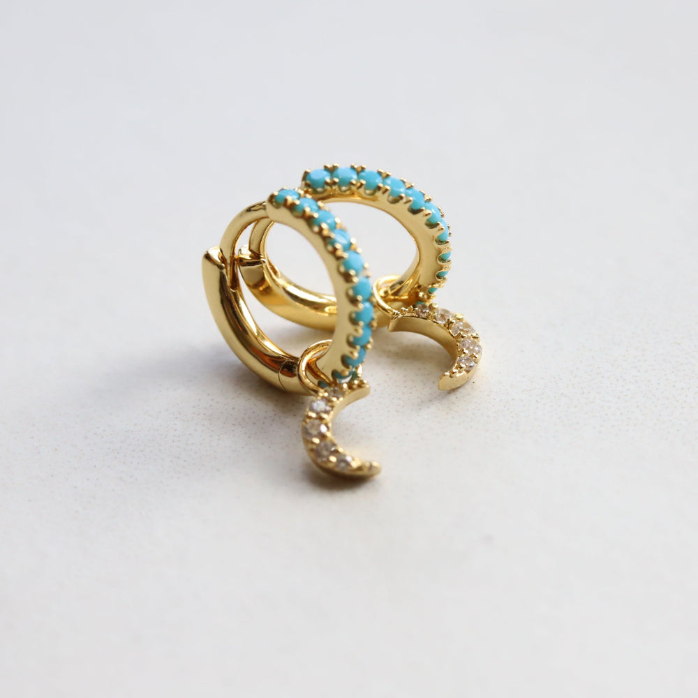 Stella | Turquoise CZ Crescent Moon Dangle Vermeil Huggies Earrings