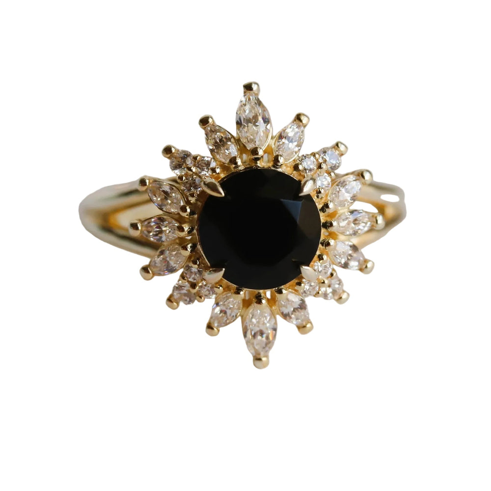 Lana | Round Black Onyx Split Shank Halo Ring