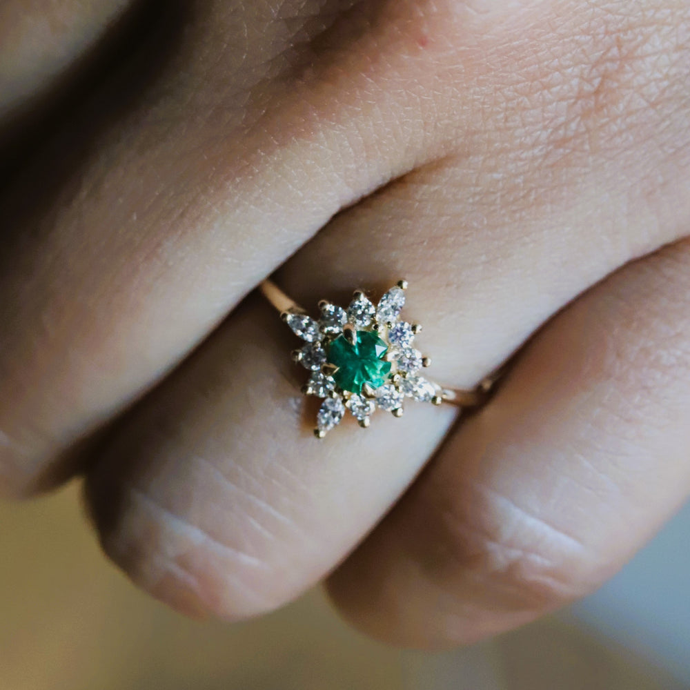 Skylar | Natural Emerald & Diamond Snowflake Halo Ring