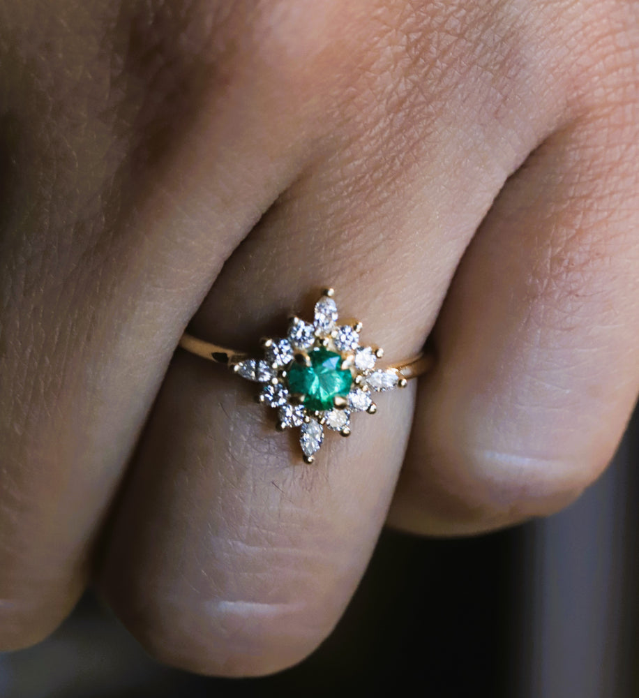 Skylar | Natural Emerald & Diamond Snowflake Halo Ring