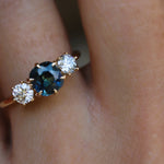 Cushion Cut Teal Sapphire & Diamond 3-Stone Ring