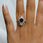 DECORA | Round Black Center Stone & White Diamond Halo Ring