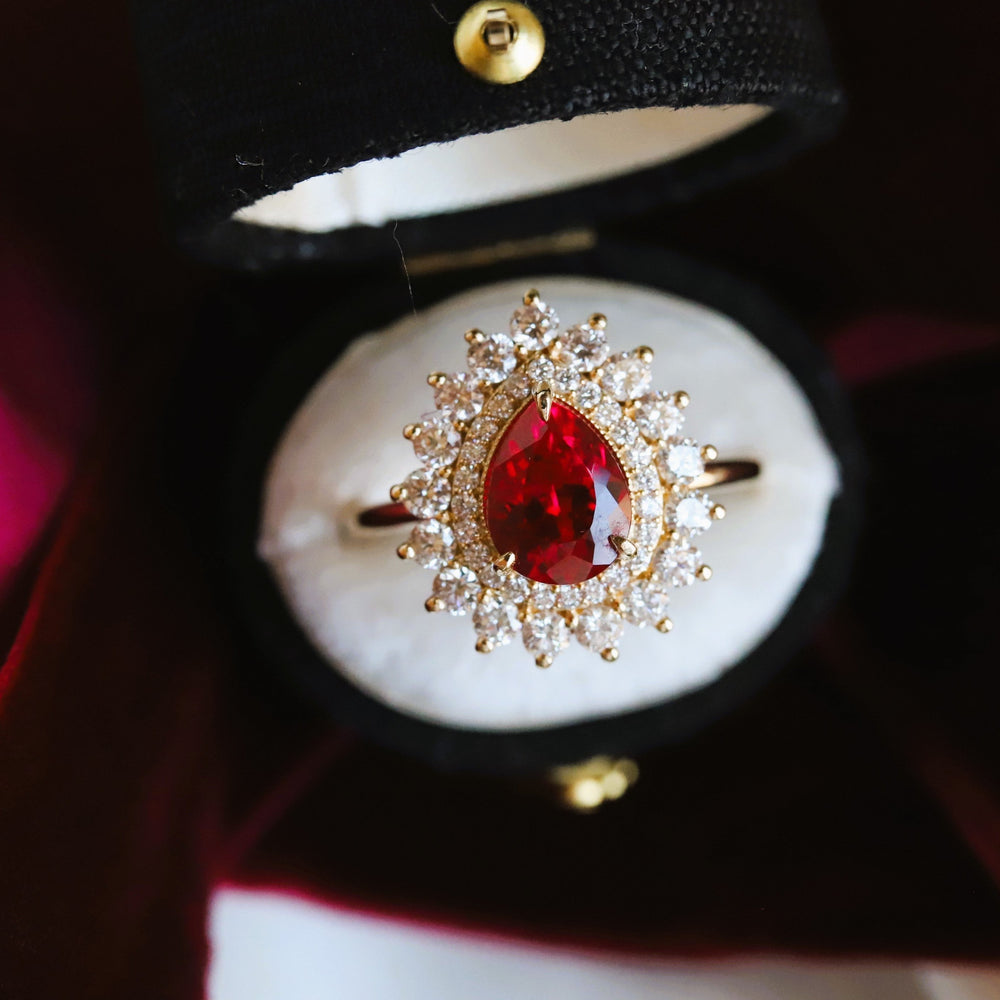Josephine | Pear Ruby Double Halo Ring