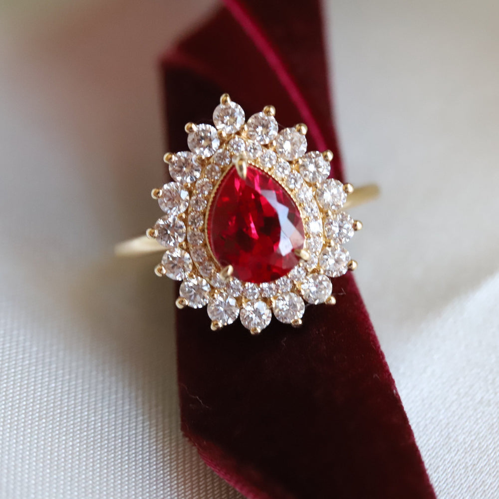 Josephine | Pear Ruby Double Halo Ring