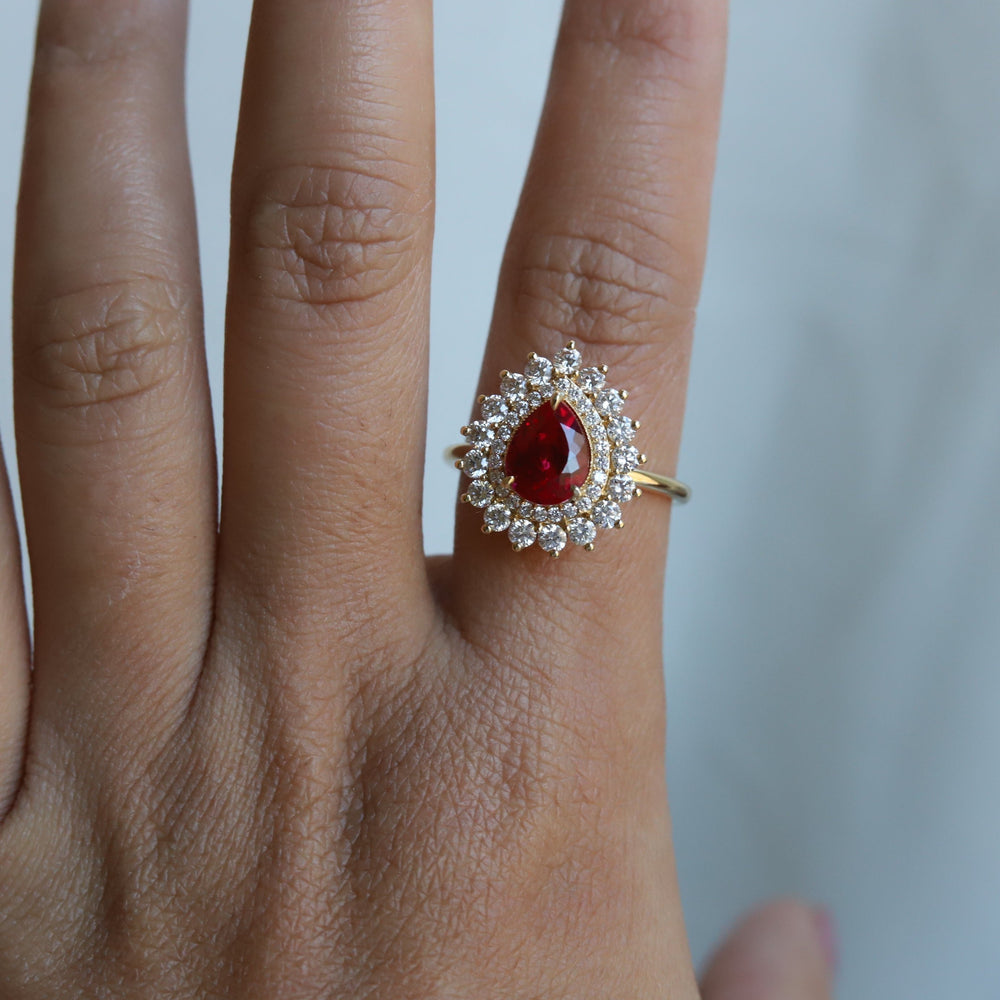 Josephine | Pear Ruby Double Halo Ring