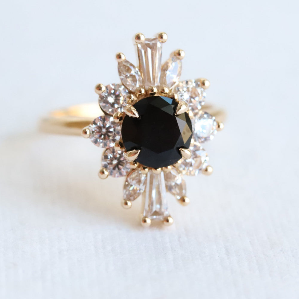 CORA | Round Black Center Stone & White Diamond Halo Ring