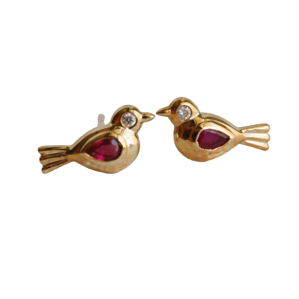 14K Pink Ruby Little Bird Stud Earrings