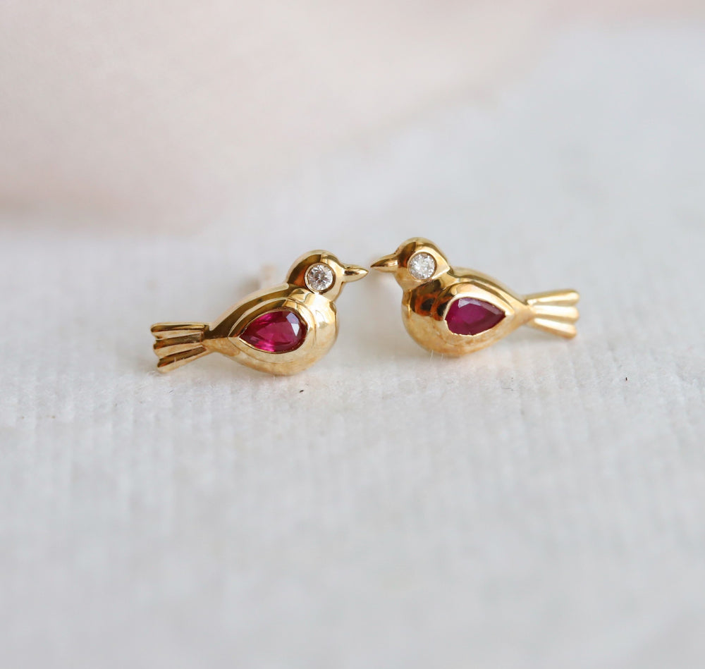 14K Pink Ruby Little Bird Stud Earrings