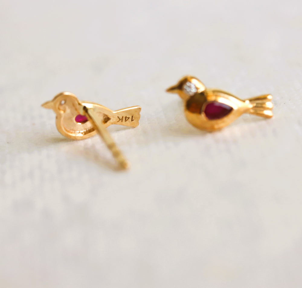 14K Pink Ruby Little Bird Stud Earrings