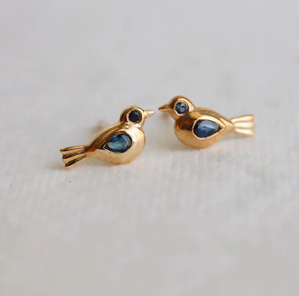 14K Blue Sapphire Little Bird Stud Earrings