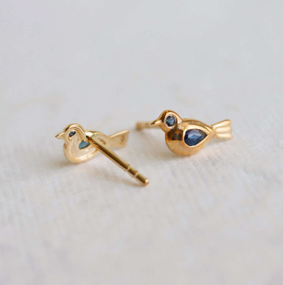 14K Blue Sapphire Little Bird Stud Earrings