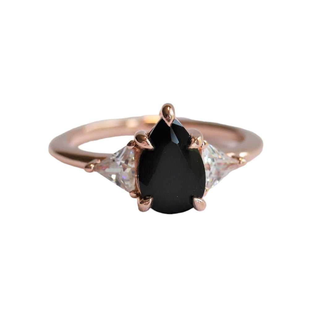 Alexis | 14k Large Pear Black Onyx & Triangle Moissanite Ring