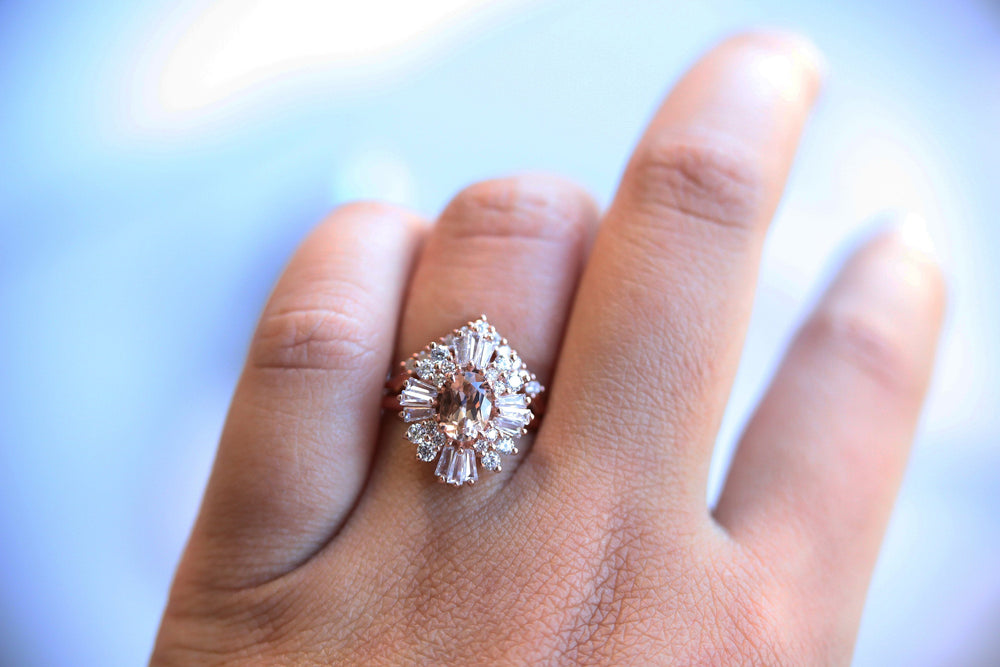 Victoria | 14K Morganite & Diamond Fancy Halo Luxury Ring - Emi Conner Jewelry 