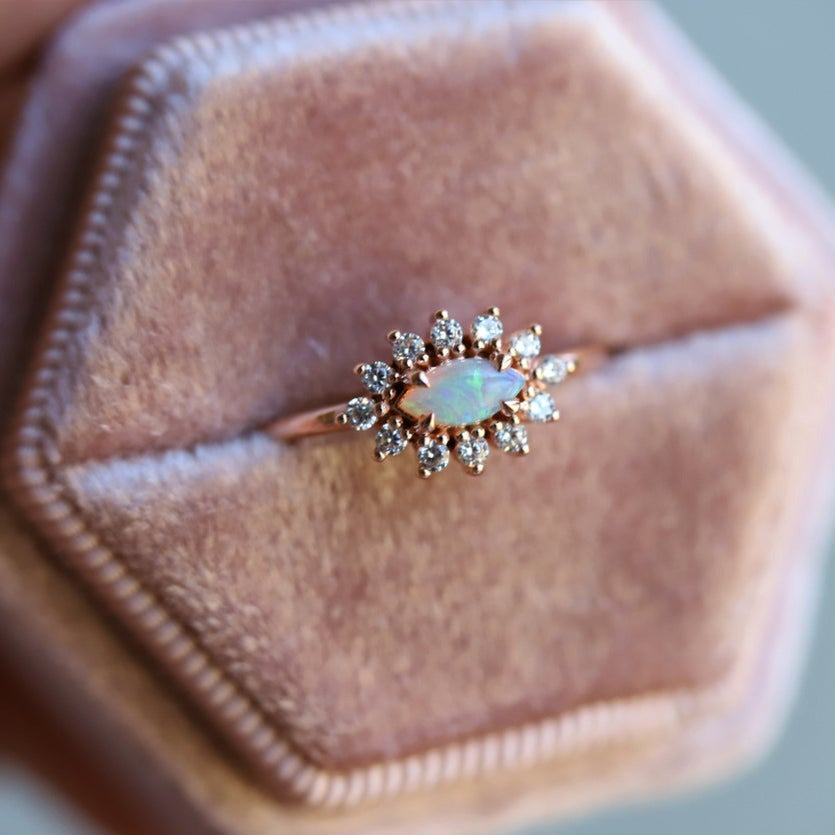 Daniella | 14K Australian Opal & Diamond Petite Halo Ring - Emi Conner Jewelry 