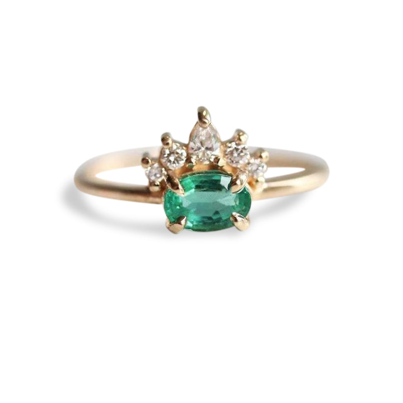 Olina | 14K Natural Oval Emerald & Diamond Ring Crown Ring