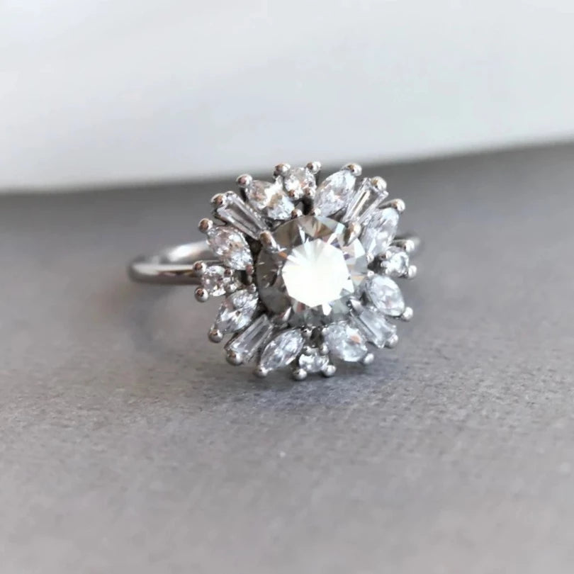 Andelina | 14K Gray Moissanite & Diamond Fancy Halo Ring - Emi Conner Jewelry 