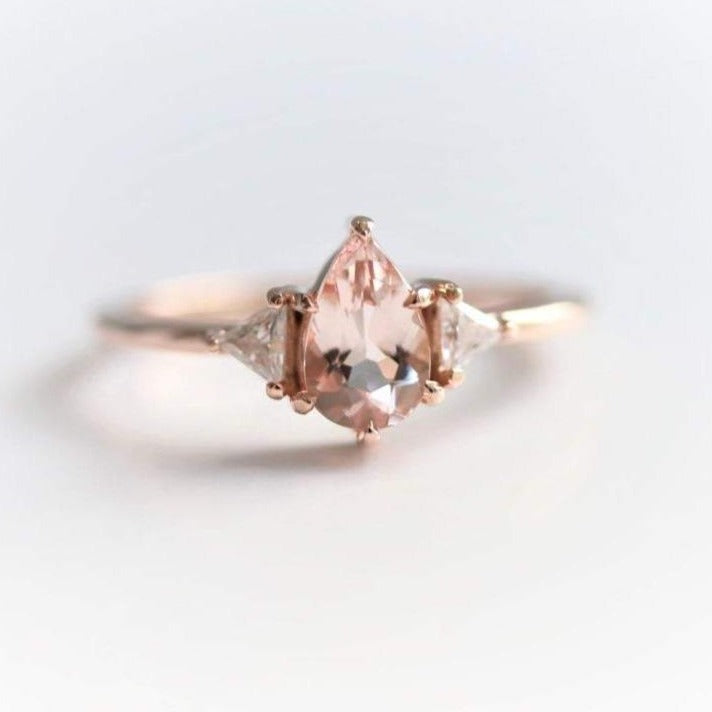 Alexis | Pear Morganite & Triangle Moissanite Ring - Emi Conner Jewelry 