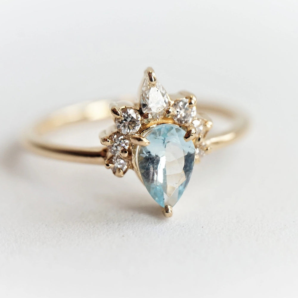 Ophelia |  14K Pear Aquamarine & Diamond Crown Promise Ring - Emi Conner Jewelry 