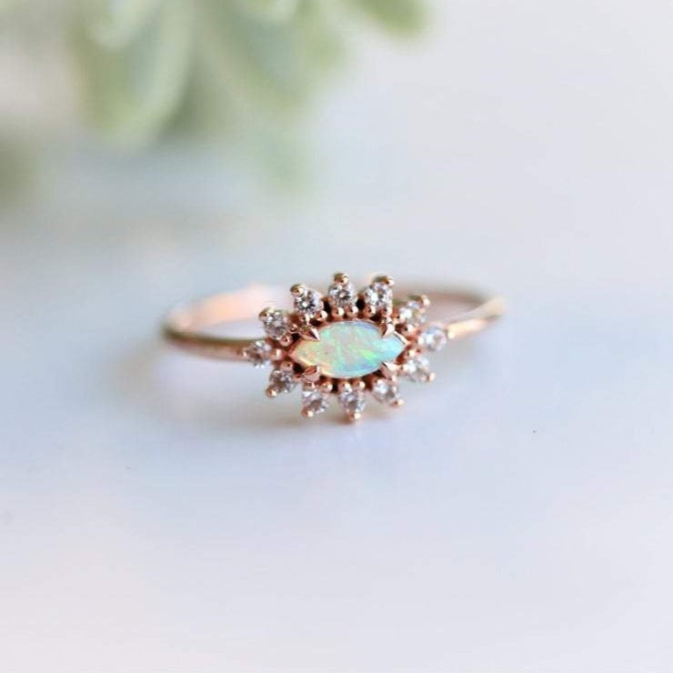 Daniella | 14K Australian Opal & Diamond Petite Halo Ring - Emi Conner Jewelry 