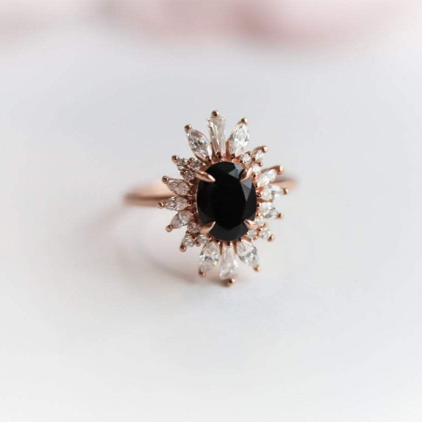 Liana | 14K Oval Black Onyx & CZ Fancy Halo Ring - Emi Conner Jewelry 