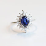 Lana | 14K Oval Lab Created Blue Sapphire and Diamond Fancy Halo Ring - Emi Conner Jewelry 