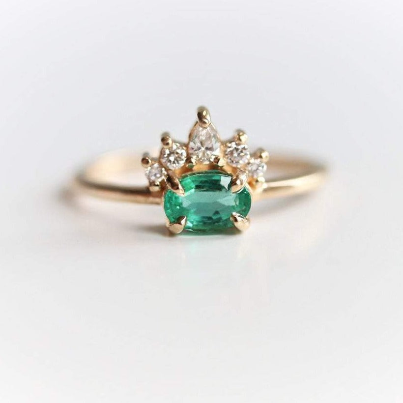 Olina | 14K Natural Oval Emerald & Diamond Ring Crown Ring - Emi Conner Jewelry 